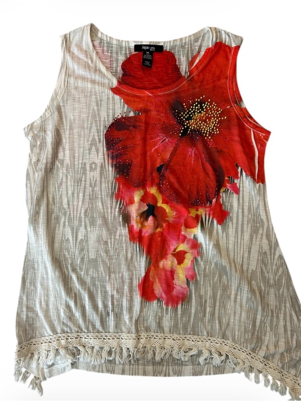 Style & Co. Red Floral Fringe Hem Sleeveless Top Sz PL